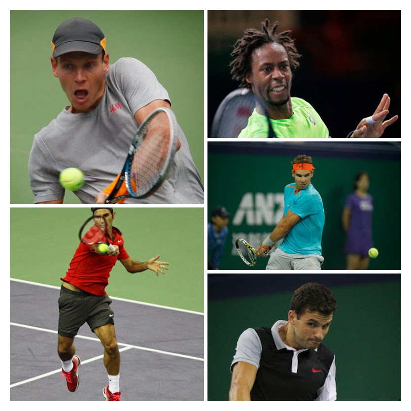 L-R: Roger Federer, Tomas Berdych, Grigor Dimitrov, Rafa Nadal, & Gael Monfils. Images from Zimbio.